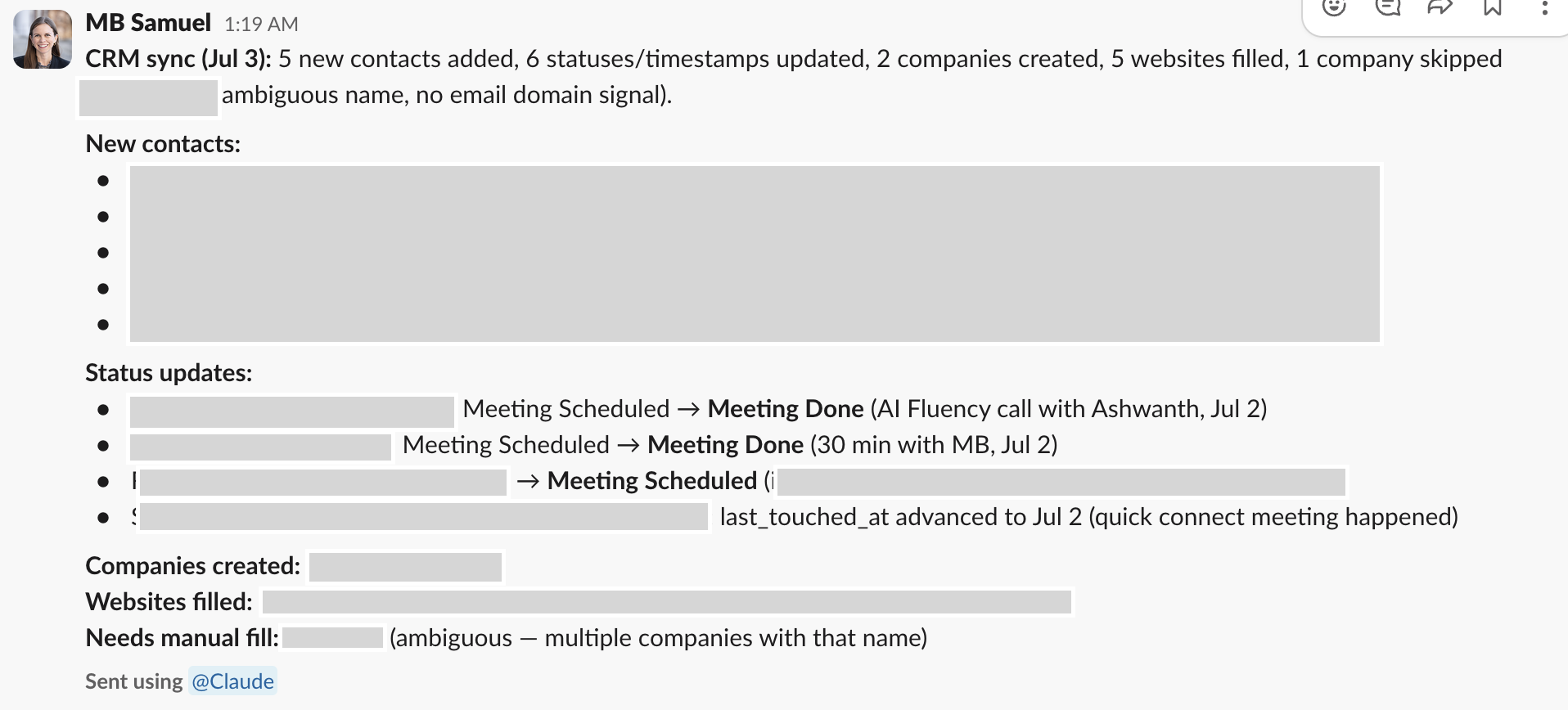Overnight sync keeps contact records aligned with the conversations actually happening across the company.